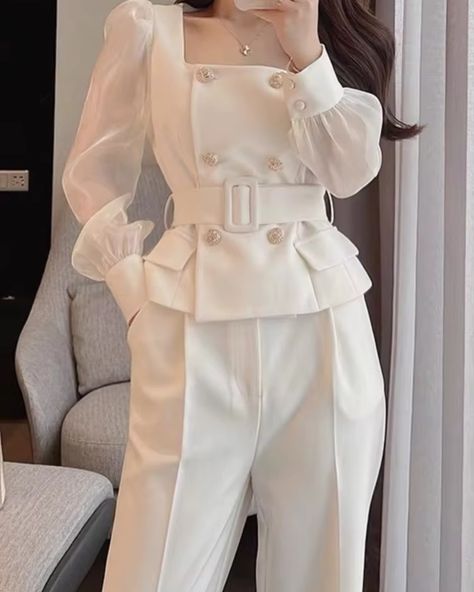 AliExpress - eu – sale - Autumn Fashion 2 Piece Set Women Casual Elegant Long Sleeve Mesh Tops and Pants Office Lady Suit Autumn Fashion https://s.click.aliexpress.com/e/_DClLFer #Women#Autumn#Fashion#Casual#Elegant#SaleAliExpress. Party Trousers, White Two Piece Set, Two Piece Set Pants, Summer Pants Women, White Two Piece, Elegant Blazers, Pant Suits, Middle Age Fashion, Autumn 2022