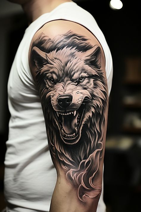 Angry Wolf Tattoo Design, Angry Wolf Tattoo, Wolf Head Tattoo, Howling Wolf Tattoo, Lone Wolf Tattoo, Wolf Tattoos For Women, Scary Wolf, Tattoos Japanese, Wolf Clothing