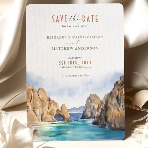 Announce your special day with this beautifully designed "Save the Date" card featuring a watercolor scene of Cabo San Lucas, Mexico. The card showcases the iconic Arch of Cabo against the serene turquoise waters, with warm sandy tones and rich golden-brown accents adding depth and character. The sky blends soft blue and creamy white shades, giving the card a dreamy and romantic feel. The combination of modern fonts with elegant script adds a touch of sophistication, making it perfect for a destination wedding celebration. The back of the card continues the watercolor style, maintaining a cohesive and artistic look that reflects the beauty of the Baja Peninsula. Mexico Save The Date, Save The Date Destination, Destination Wedding Save The Date, San Lucas Mexico, Cabo San Lucas Mexico, White Shades, Save The Date Card, Formal Invitation, San Lucas