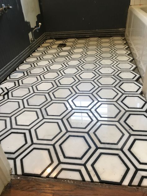 Hexagon Mosaic Bathroom Remodel — The Chatham Collective Marble Hexagon Tile Bathroom, Large Hexagon Tile, Mosaic Bathroom Floor, Bathroom Tub Remodel, Hexagon Tile Bathroom, Tub Refinishing, Bathroom Mosaic, Matt Kitchen, Bathroom Redecorating