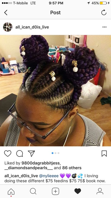 Purple Feed-in Space Buns 💜😌 Two Bun Braids, Feed In Braids Bun, Unicorn Braid, Braided Space Buns, Bun Braids, Braids Bun, Protective Style Braids, Style Braids, Pig Tails