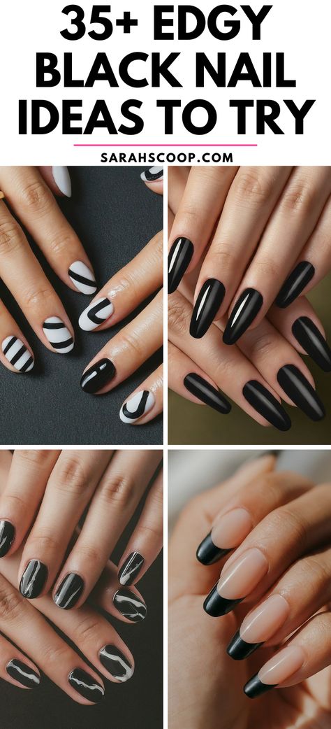 Let your nails do the talking with these 35+ edgy black nail designs. Perfect for the bold and daring, don't be afraid to make a statement. #BlackNails #NailArt #EdgyDesigns Acrylic Nail Black Designs, Back Nails Designs, Black Minimal Nail Designs, Edgy Manicure Ideas, Edgy Black Nails Art Designs, Black Graphic Nails, Black Nails White Lines, Black Simple Nail Designs, Dark Nail Art Ideas