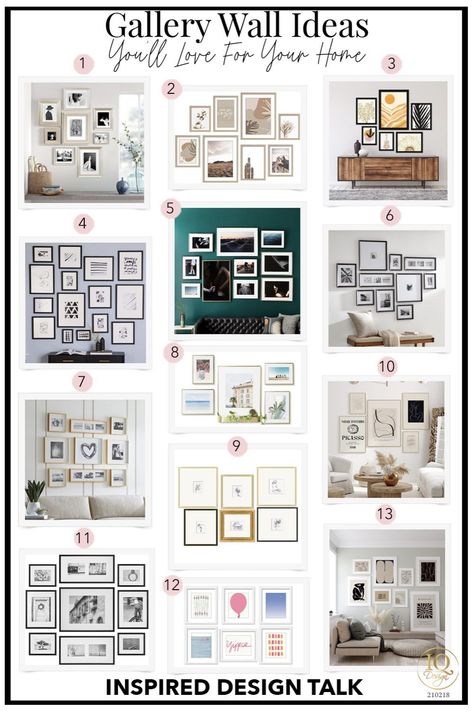 gallery wall inspiration Wall Full Of Picture Frames, 10 Photo Gallery Wall Layout, What Color Frames For White Walls, Wall Frame Layout Living Rooms, Photo Frame Living Room Wall, Picture Wall Different Frames, Gallery Wall Ideas With One Large Picture, Full Gallery Wall Living Room, Large Photo Wall Collage Living Room