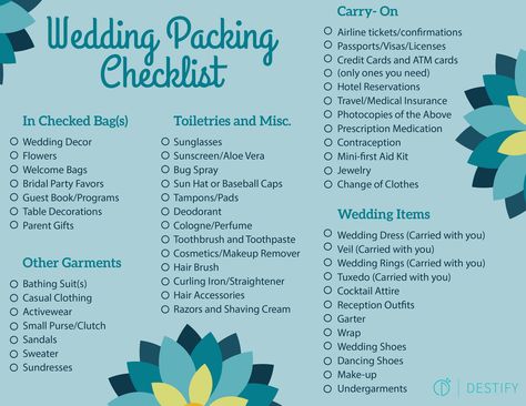 Destination Wedding Packing Checklist One of the final tasks for a future bride and groom who are hosting their wedding abroad is figuring out how and what to pack. We’re here to make it easy for you! For the most part, packing for a destination wedding happens to be pretty similar to packing for a vacation. We’ll outline some ideas below to help you tackle some of the harder items, such as any additional decor or attire, and of course, the best way to bring your wedding dress. Wedding Packing Checklist, Destination Wedding Packing, Destination Wedding Packing List, Spring Wedding Outfit, Wedding Packing, Destination Wedding Favors, Bridal Party Jewelry, Bridal Party Favors, Packing Checklist