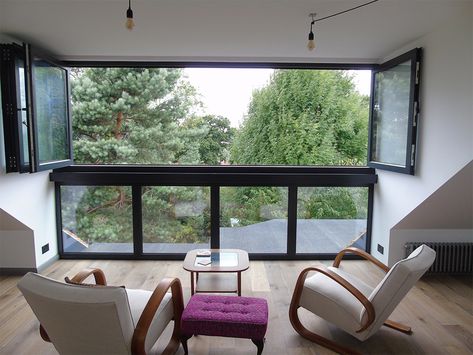 Bifold Windows · 1st Folding Sliding Doors Loft Conversion Windows, Folding Sliding Doors, Door Alternatives, Dormer Loft Conversion, Loft Windows, Folding Windows, Glass Balcony, Sliding Folding Doors, Balcony Window