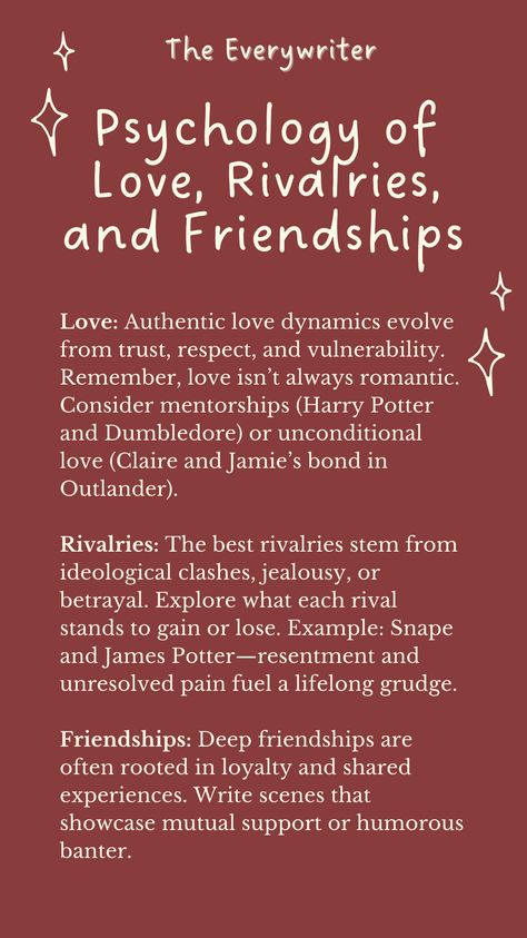 Unlock the secrets behind unforgettable relationships in your novel with our guide on the Psychology of Love, Rivalries, and Friendships. Discover writing tips to create deep, realistic bonds, tense rivalries, and captivating love stories that readers can’t put down. Perfect for writers looking for inspiration, character development ideas, or quick tips to craft page-turning novels. Get ready to dive into the emotions that make characters unforgettable!  Writing tips, character development Friendship Book Ideas Pages, Romantasy Writing Promts, Secret Relationship Prompts, Writing Friendships, Romance Book Ideas, Psychology Of Love, Friendship Dynamics, Secret Writing, Writing Tips For Beginners