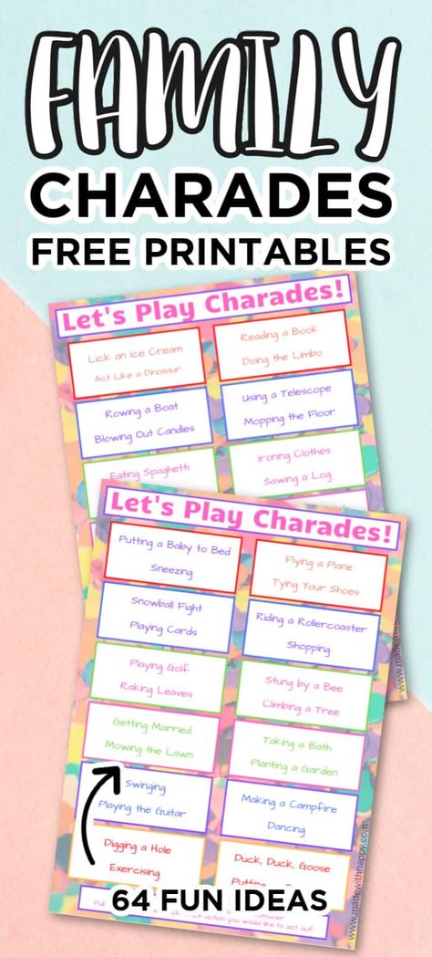 Family Charades. Printable Family Games. Fun Printable Games with Kids. Kids Games. Free Printable Games. Fun with Family Charades. Family Charades Printable, Free Printable Games For Teens, Charades For Teens, Charade Ideas Funny, Disney Charades, Family Charades, Family Fun Night Ideas, Family Fun Night Ideas Kids, Charades For Kids