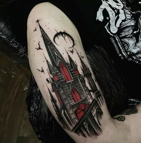 Gothic Vampire Tattoo, Cathedral Tattoo Sleeve, Vampire Castle Tattoo, Goth Cathedral Tattoo, Gothic Arm Sleeve Tattoo, Goth Architecture Tattoo, Gothic Building Tattoo, Gothic Sleeve Tattoos For Women, Gothic Thigh Tattoo