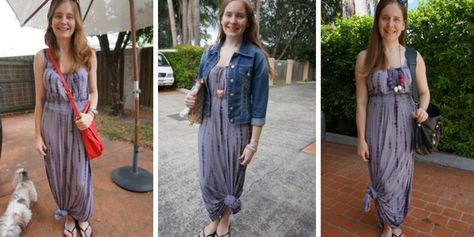 petite hack for wearing a maxi dress knotting the hem worn 3 ways | awayfromblue Maxi Dress Knot, How To Tie A Knot, Dress Knot, Mum Style, Mum Fashion, Grey Tie Dye, Tie Dye Maxi Dresses, Tie Dye Maxi, Maxi Jersey Dress