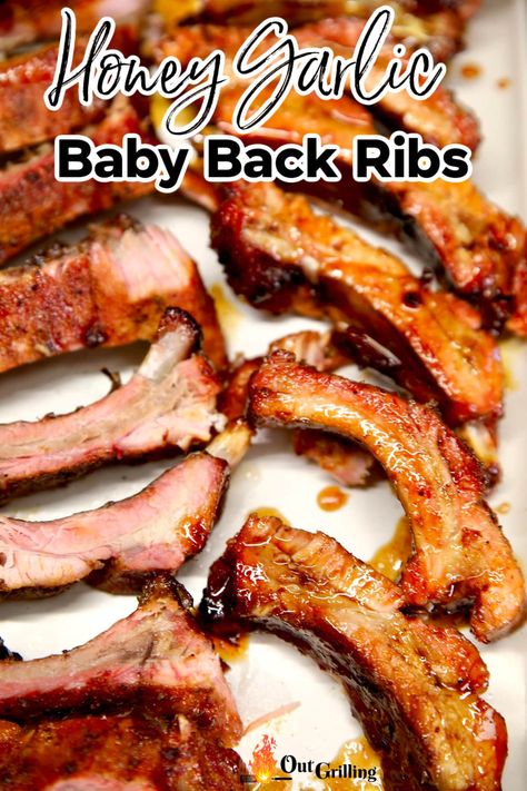 Honey Garlic Ribs are outrageously delicious, fall apart tender with plenty of hardwood smoke flavor and a sticky sweet glaze. Glaze For Ribs, Honey Ribs Recipe, Garlic Ribs, Honey Garlic Ribs, Glazed Ribs, Smoked Pork Ribs, Outdoor Cooking Recipes, Honey Pork, Sweet Glaze