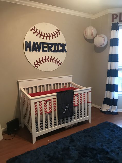 Baseball nursery, red white and blue nursery decor, boy nursery, baseball baby room White And Blue Nursery, Baseball Nursery Decor, Baby Boy Baseball, Baseball Nursery, Sports Nursery, Boy Nursery Themes, Blue Nursery Decor, Baby Boy Nursery Themes, Baseball Room