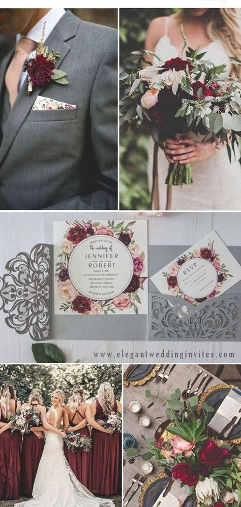 burgundy, blush and dark grey woodland wedding color ideas Wedding Cakes Country, Bathrooms Country, Maroon Wedding Colors, Winter Wedding Hairstyles, Burgundy And Grey Wedding, Blush And Grey Wedding, Beach Wedding Cakes, Primitive French Country, Grey Wedding Theme