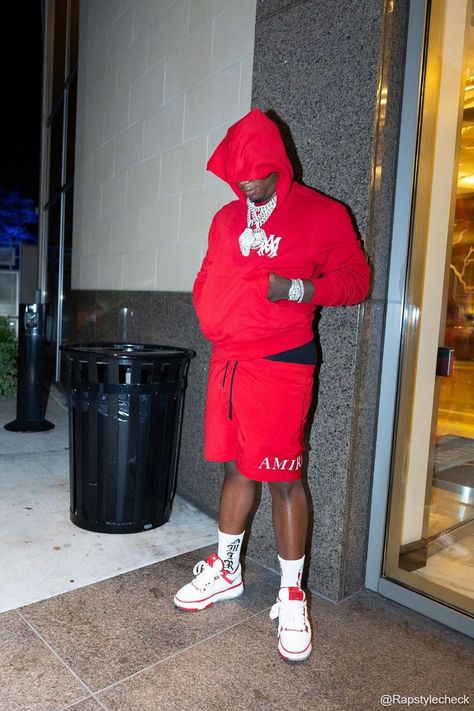 Fredo Bang Outfit from October 2, 2023 wearing Amiri x Wes Lang Grim Reaper Socks White, Amiri MA-1 Sneakers Red & White, Amiri M.A. Hoodie Red & White & Amiri M.A. Swim Shorts Red & White Fredo Bang, Wes Lang, Save Outfits, October 2, Brand Sale, Cotton Logo, Red Hoodie, Swim Shorts, High Top Sneakers