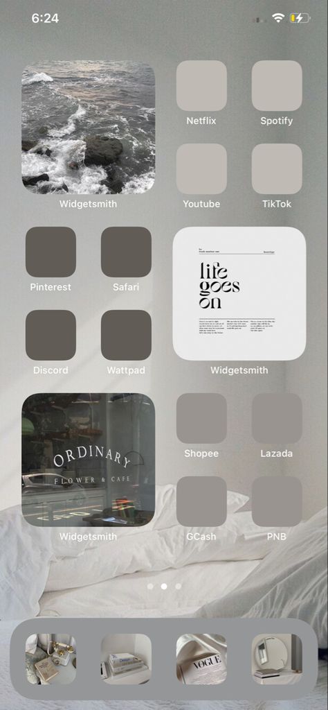 Grey Ios 16 Home Screen, Gray And Beige Aesthetic, Grey Aesthetic Phone Layout, Grey Iphone Layout, Grey Homescreen Layout, Grey Phone Theme, Beige Gray Wallpaper, Gray Beige Aesthetic, Grey Beige Aesthetic