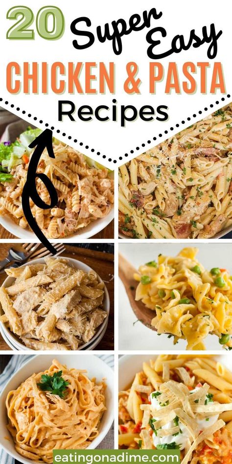 Serve your family a tasty dinner even during busy weeknights when you try these chicken and pasta recipes. Find quick and easy recipe options. There are tons of options to choose from with these chicken pasta recipes: creamy, tomato, diary free and healthy options too! You will love these easy to make and simple chicken and pasta recipes! #eatingonadime #chickenrecipes #pastarecipes #dinnerrecipes Easy Chicken Recipe With Few Ingredients, Quick Easy Dinner With Rotisserie Chicken, Quick Chicken Casserole Recipes Simple, Chicken And Pasta Dishes Easy, Pasta To Go With Chicken, Easy Diced Chicken Recipes Dinners, Pasta And Canned Chicken Recipes, Pasta Dishes Recipes Chicken, Chicken Pasta Lunch Ideas