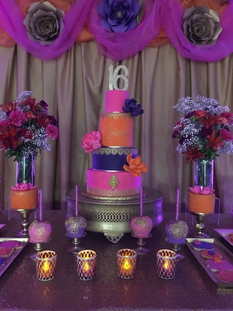 Bollywood Sweet 16 Theme, Moroccan Birthday, Moroccan Theme Party, Sweet 15 Ideas, Arabian Party, Aladdin Birthday Party, Arabian Nights Theme, Arabian Nights Party, Aladdin Party