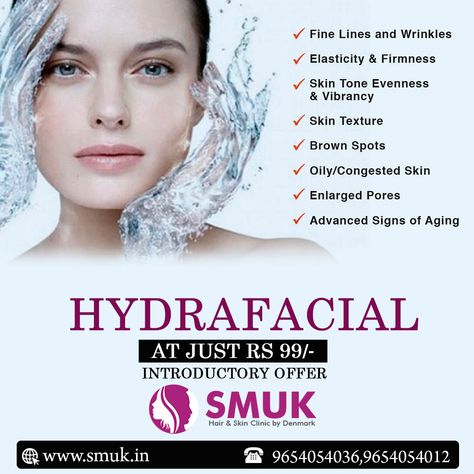 Hydrafacial at just Rs 99/- introductory offer! For More Details Visit: - www.smuk.in  #SMUK #SkinCare #HairTreatment #HairCare #HairBonding #Hydrafacial Hydrafacial Before And After, Facial Massage Benefits, Facial Benefits, Laser Peel, Esthetician Quotes, Beauty Salon Posters, Skin And Hair Clinic, Skin Care Specialist, Cosmetic Creative