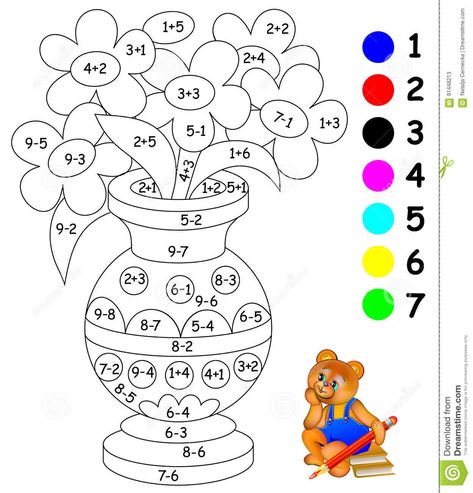 Illustration about Vector image. Scale to any size without loss of resolution. Illustration of mathematical, education, book - 91448213 Math Coloring Worksheets, Kindergarten Addition Worksheets, Math Exercises, Preschool Math Worksheets, Math Coloring, Kids Math Worksheets, Kindergarten Math Worksheets, Math Activities Preschool, Color By Numbers