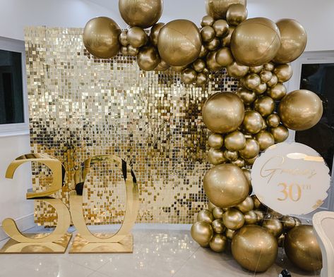 All gold shimmer wall - bespoke numbers & acrylic sign Gold Shimmer Wall, Shimmer Wall Backdrop, Balloons Galore, Deco Ballon, Sequin Wall, Sequin Backdrop, Gold Backdrop, Shimmer Wall, Happy 30th Birthday