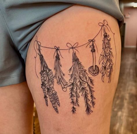 Tattoo Ideas Female Cottage Core, Witch Garden Tattoo, Hanging Herbs Tattoo, Herb Tattoo Ideas, Herbalism Tattoo, Dark Whimsical Tattoo, Green Witch Tattoo Ideas, Homestead Tattoo, Gothic Leg Tattoos