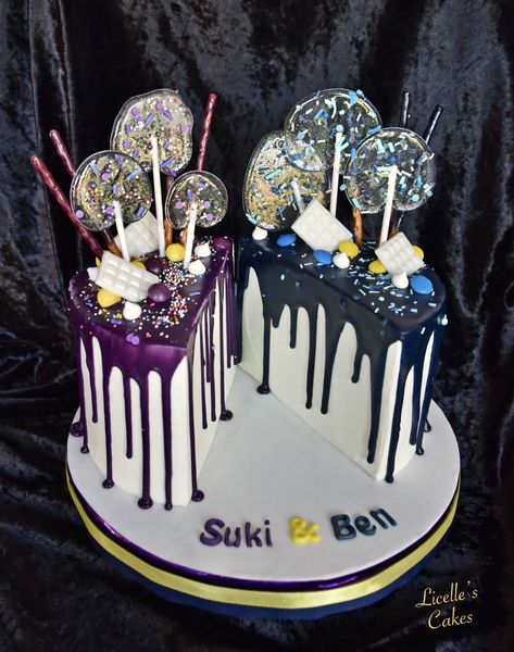 50th Birthday Cake For Twins, Cake For Twins Adults, Two Sided Cake Birthdays, 40th Birthday Cake For Twins, 2 In 1 Cake For Man And Woman, Unisex Birthday Cake Ideas For Adults, 2 Person Birthday Cake, Half Drip Cake, Birthday Cake Ideas For Twins