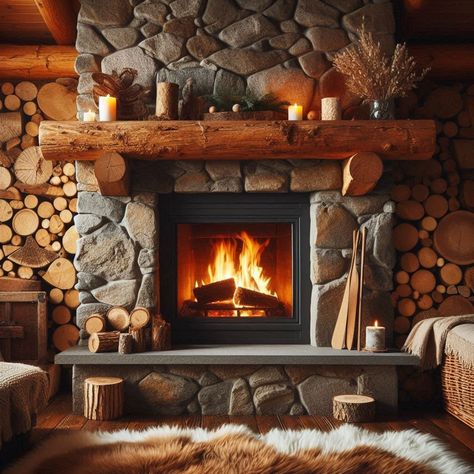 Stone Fireplace Ideas Log Mantle Fireplace, Indoor Fireplace Stone, Rustic Fireplace Ideas Farmhouse Style, Italian Villa Fireplace, Rustic Corner Fireplace Ideas, Log Home Fireplace Ideas, Rustic Stone Fireplace Ideas, Log Cabin Fireplace Ideas, Stone Fireplaces With Mantle