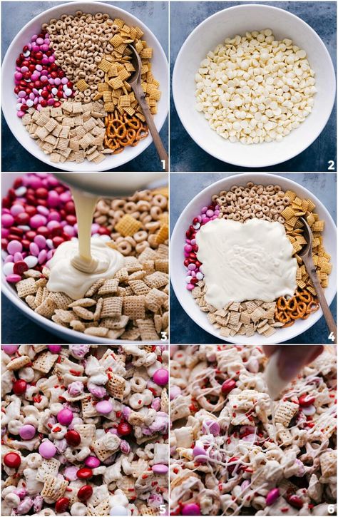 Delicious Valentine Snack Mix recipe that is perfect for February! This snack mix is filled with cereal, pretzels, M&M's, and coated in melted white chocolate. No baking required. Recipe via chelseasmessyapron #forkids #recipes #ideas #easy #healthy #glutenfree #valentine #snack #mix White Chocolate Mix Recipes, Valentines Entree Ideas, White Chocolate Chex Mix For Valentine’s Day, Valentine Recipes For Kids, Valentines Baskets For Teens, Valentine Mix Snack, Valentine’s Day Trail Mix Snack, Valentine Trail Mix Ideas, Easy Valentines Cookies