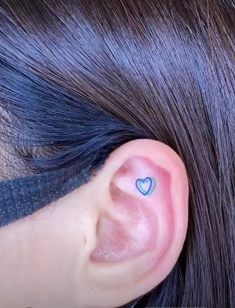 Blue Heart Tattoo Ideas, Blue Heart Tattoos For Women, Blue Heart Tattoo, Blue Sterling Silver Heart Earrings For Pierced Ears, Tiny Blue Heart Tattoo, Tiny Purple Heart Tattoo, Blue Pierced Heart Earrings, Inside Ear, Small Heart Tattoos