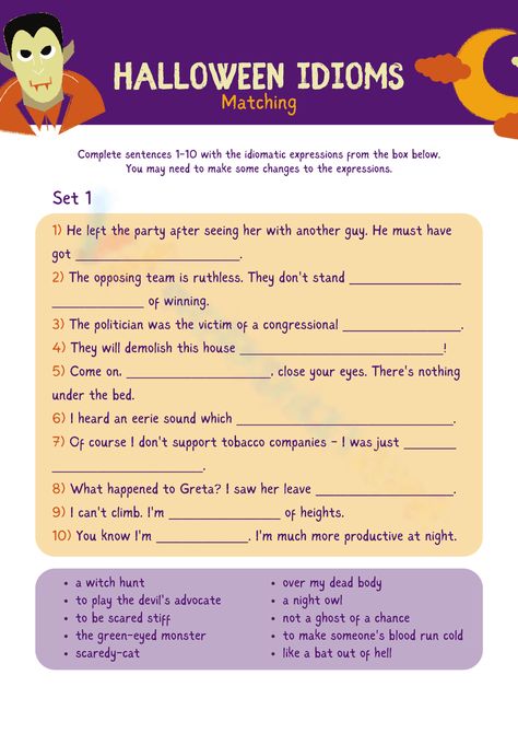 Spooky Sayings, Idiomatic Expressions, Matching Worksheets, Challenges Activities, Complete Sentences, Language Learning, Close Your Eyes, Just In Time, In Time