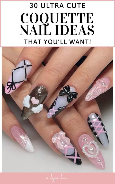 THE CUTEST COQUETTE NAIL TREND IDEAS | Nail ideas | Croquette Nail Inspo | Fun nail designs and trends | Bow nails | feminine aesthetic Crocette Nails, Goth Coquette Nails, Nail Ideas With Bows, Coquette Nail Polish, Dark Coquette Nails, Nail Inspo Fun, Coquette Nail Designs, Coquette Nail Ideas, Coquette Nails Aesthetic