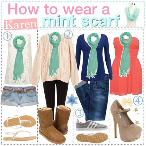 How to wear: Mint Scarf, created by every-girl-has-a-tip on Polyvore Mint Scarf, Outfits With Scarves, Hot Summer Looks, Scarf Outfit, Fashion Board, Diva Fashion, Only Fashion, College Outfits, Fall Winter Outfits