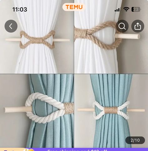 Boho Style Curtains, Sheers Curtains Living Room, Modern Sheer Curtains, Rope Curtain Tie Back, Cortina Boho, Cortinas Boho, Rope Curtain, Wood Curtain, Bohemian Curtains