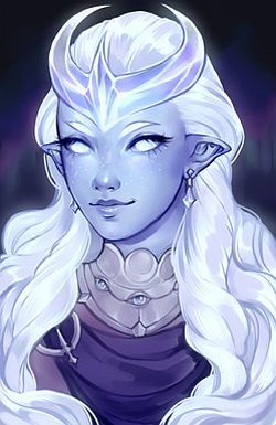 Moonweaver Dnd, Sehanine Dnd, Ice Genasi Female, Purple Tiefling White Hair, Pastel Galaxy Hair, Light Blue Tiefling, Winter Eladrin Female Dnd, Ice Tiefling, White Tiefling Female