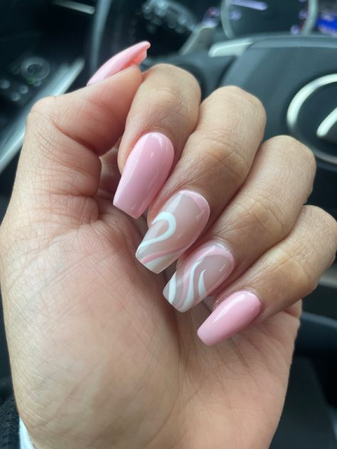 Cute Nails Pink Acrylic, White Nails With Light Pink Design, Light Pink Nail Designs Coffin, Acrylic Nails Ideas Pink And White, Nail Ideas Soft Pink, Pastel Pink Nails Acrylic Design, Light Pink Nailsdesign, Light Pink Nails With Swirls, Powder Pink And White Nails