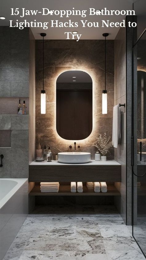 Transform your bathroom with stunning lighting ideas that elevate both style and functionality. From elegant chandeliers to sleek, modern fixtures, discover how the right lighting can create a relaxing spa-like ambiance or a bright, invigorating space. Explore various options, including vanity lights, recessed lighting, and pendant fixtures, to illuminate your bathroom beautifully and efficiently. Luxury Bathroom Styling, Unconventional Bathroom Ideas, Home Spa Lighting, Dark Bathroom Lighting Ideas, Recessed Bathroom Vanity, Modern Vanity Lights Bathroom, Bathroom Accent Lighting, Tall Bathroom Vanity Mirror, Basement Bathroom Lighting