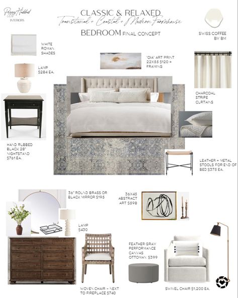 Classic and Relaxed Transitional, California Casual, and Modern Farmhouse Bedroom By Peggy Haddad Interiors / blue rug, black nightstands, sitting area, light and bright Wall Design For Bedroom, Decorative Wall Design, Modern Traditional Bedroom, Coastal Modern Farmhouse, Modern Decorative Wall, Modern Coastal Bedroom, Transitional Coastal, Transitional Furniture, Modern Farmhouse Bedroom