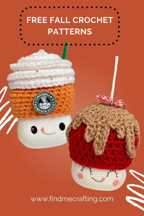 Embrace the essence of the fall season with our free, beginner-friendly crochet patterns! Crochet marshmallow mug hats, adding a whimsical touch to your fall decor. Choose from our popular Pumpkin Spice Latte or Caramel Apple designs. Captivate your autumn spirit, bring the warmth and charm of fall indoors. For visual learners, our comprehensive video tutorial makes crocheting them a breeze. These adorable mug accessories are the perfect DIY project this fall! Crochet Tiered Tray Decor, Mug Hat Crochet Pattern, Pumpkin Spice Crochet, Crochet Pumpkin Spice Latte, Marshmallow Mug Hats Crochet Patterns, Crochet Marshmallow Mug Hat Pattern Free, Marshmallow Ideas, Marshmallow Hats, Crochet Marshmallow