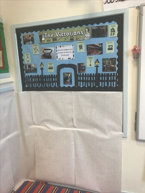 Victorian kitchen to modern day kitchen role play area.  Victorian display. Victorians Ks2, Ks2 Display, Victorian Display, Role Play Areas, Victorian Kitchen, Classroom Display, Year 5, Year 6, Classroom Displays