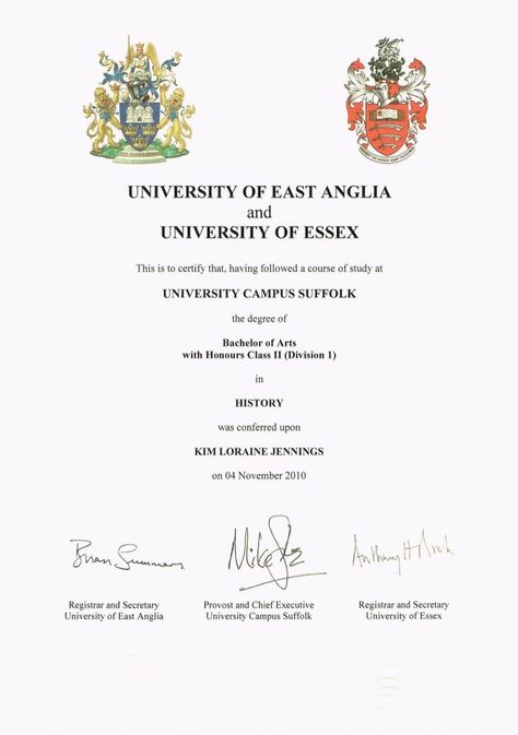 Title Slide of History Degree Certificate Goethe Certificate, History Degree, Certificate Images, Certificate Ideas, English Degree, University Certificate, University Of East Anglia, Suffolk University, Blue Stockings