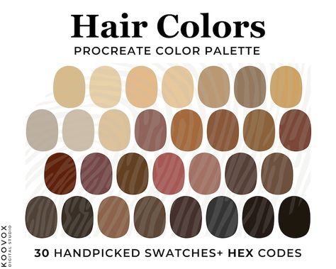 procreate color palette with hex codes. Natural Hair Color Palette, Brown Hair, Blond Hair Color Swatches, Hex Codes, Portrait Art Illustration, Hair Color Palette Procreate, FASHION ILLUSTRATION COLOR PALETTE, anime drawing color palette, Hair colors ranging from blonde hair, red hair, chestnut hair, light brown or dark brown hair, ash brown hair to black hair. Perfect for the digital portrait illustrator and Digital artists. Palette Hair Color, Color Palette Brown, Hair Color Palette, Procreate Tools, Make A Color Palette, Illustration Hair, Portrait Illustrator, Color Palette Procreate, Hair Color Swatches