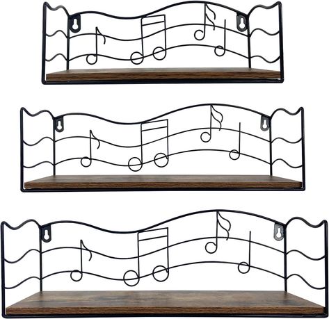 Floating shelves with sheet music brackets. 3 sizes to create a wall display of favorite items with a music theme. Hanging Storage Shelves, Shelf For Bathroom, Floating Shelves Wall, Wall Storage Shelves, Floating Shelves Bathroom, Wall Hanging Storage, Wall Hanging Shelves, Shelves Wall, Wall Shelf Decor