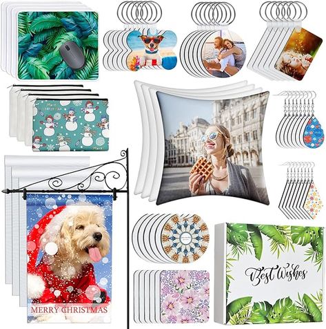 This set has more complete hot selling sublimation blanks you need for creating sublimation crafts, including 4 x Pillow Cover, 4 x Mouse Pad, 4 x Makeup Bag, 4 x Garden Flag, 12 x Coaster, 36 x Keychain w/ 36pcs accessories, 16 x Earring w/ 16pcs hook. Sublimation Blanks Products, Sublimation Crafts, Diy Sublimation, White Cushion Covers, Bag Keychain, Art & Craft Kit, Sublimation Blanks, Amazon Art, Sewing Stores