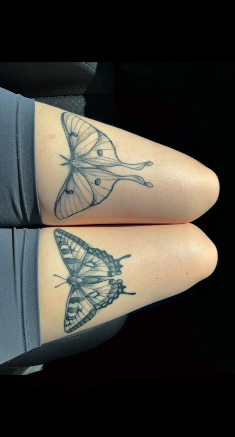 Moth Tattoo Knees, Moth Or Butterfly Tattoo, Under Knee Tats, Butterfly And Moth Tattoo Above Knee, Thigh Moth Tattoos Women, Under Knee Moth Tattoo, Luna Moth Leg Tattoo, Butterfly Tattoo Placement Ideas Leg, Thigh Tattoos Butterflies