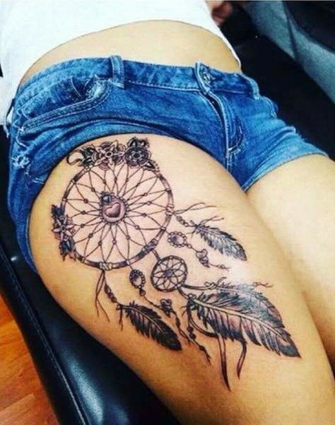 Sexy Dreamcatcher tattoos on the thigh. Dreamcatcher Tattoo Thigh, Dreamcatcher Tattoo Design, Dream Catcher Tattoos, Dream Catcher Tattoo Design, Thigh Tattoo Designs, Dream Catcher Tattoo, Indian Tattoo, Inspiration Tattoos, Thigh Tattoos Women