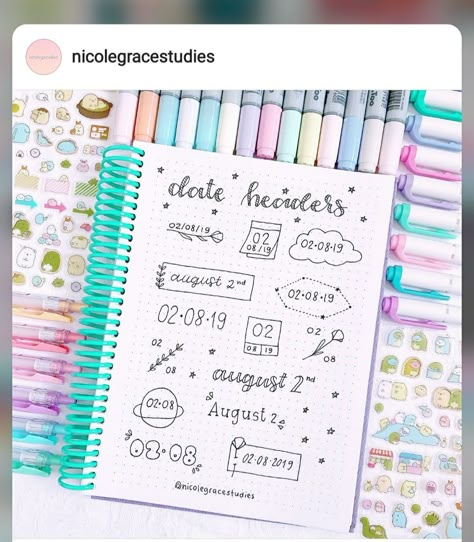 Date Title Ideas, Aesthetic Date Ideas Notes, Date Writing Ideas, Journal Date Headers, Date Header Ideas, Date Headers, Headers Ideas, Journal Headers, Bullet Journal Titles