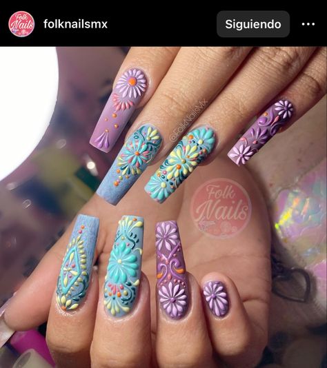 Fiesta Themed Nails, Textured Nails Acrylic, Spanish Nail Art, Barro Nail Design, Mexican Pottery Nails, Spanish Nails Designs, Mexican Flower Nails, Barro Nails, Mexican Nail Art Mexico