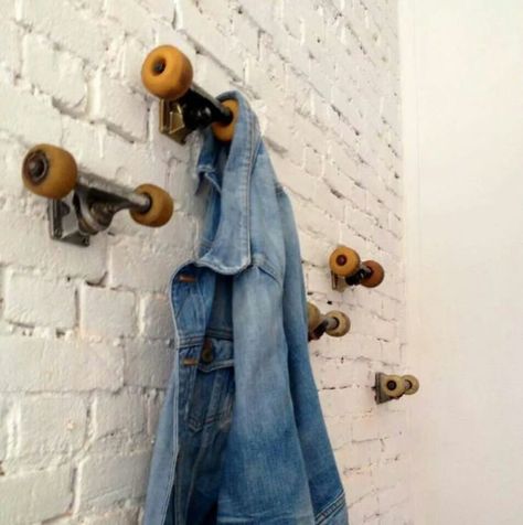 Old Skateboard Trucks Turned into Coat Hanger Sustainability Skateboard Room, Teen Boy Room, Teen Boy Bedroom, Jeep Pickup, Boy Bedroom, Boys Bedrooms, Organizing Ideas, Boy's Bedroom, Teen Room