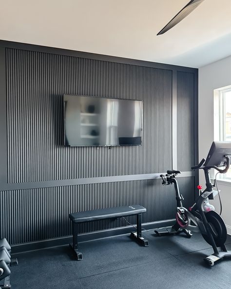 Reeded board & batten accent wall #homegym #homegymmakeover #roommakeover #diyhousetohome #diytogether #diyaccentwall #accentwall #featurewall #reededwall #blackaccentwall #modernhomedesign #moderninteriors #moderninteriordesign #tricornblack #matteblack #mattefinish #designisinthedetails #interiordetails #itsallinthedetails Accent Wall Home Gym, Home Gym Accent Wall, Gym Accent Wall, Board Batten Accent Wall, Batten Accent Wall, Black Accent Walls, Board Batten, Diy Accent Wall, Basement Remodel