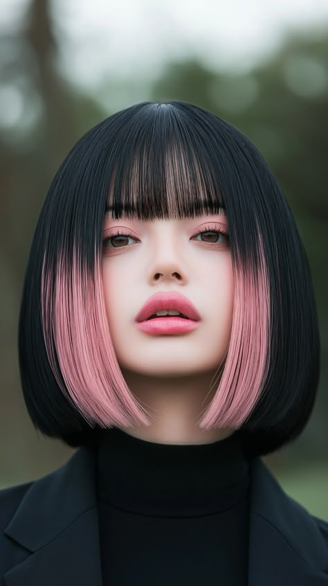 Art Contrast, Bob Bangs, Pink Bob, New Hair Do, Artsy Style, Paint Inspiration, Bright Hair, Fashion Black, Makeup Hair