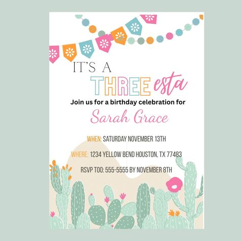 Three Esta Birthday Party, Cinco Party, Three Esta, Third Birthday Girl, Girls 3rd Birthday, Third Birthday Party, Kids Birthday Themes, Girl Birthday Themes, Kids Birthday Party Invitations